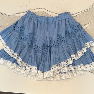 Love Shack Fancy Size 2 Chambray mini skirt with white lace